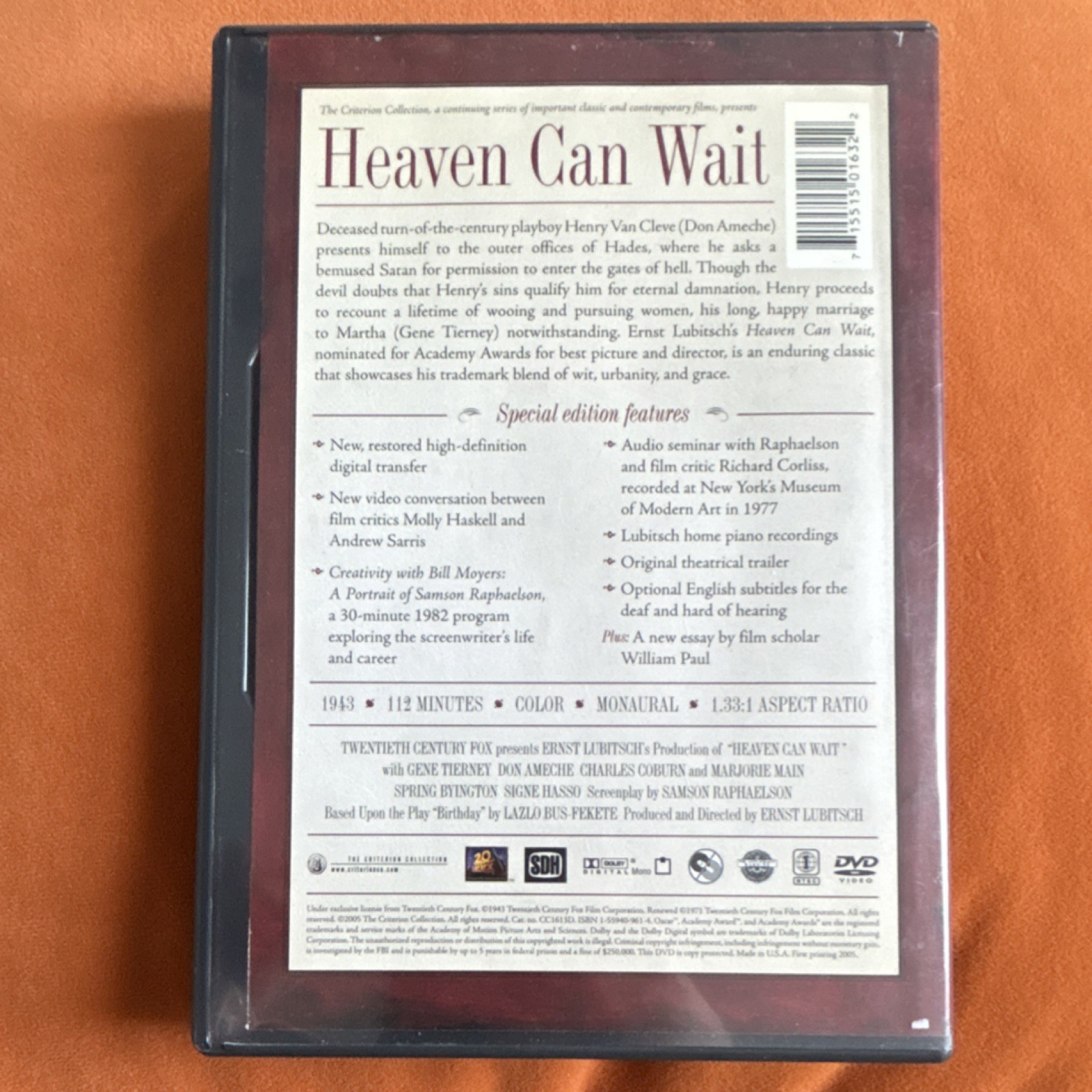 Criterion Collection Heaven Can Wait DVD Ernst Lubitsch Gene Tierney NR