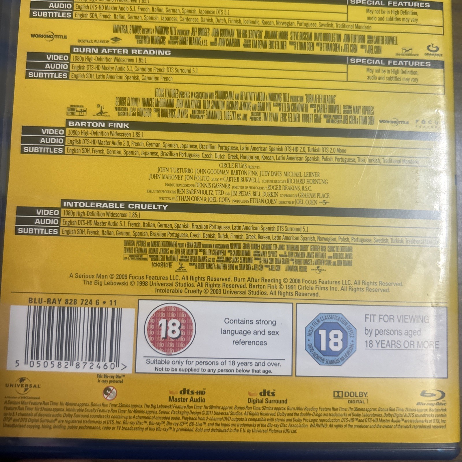 Coen Brothers Collection Blu-ray 2011 Region Free UK Import Five Film Set 5 Disc