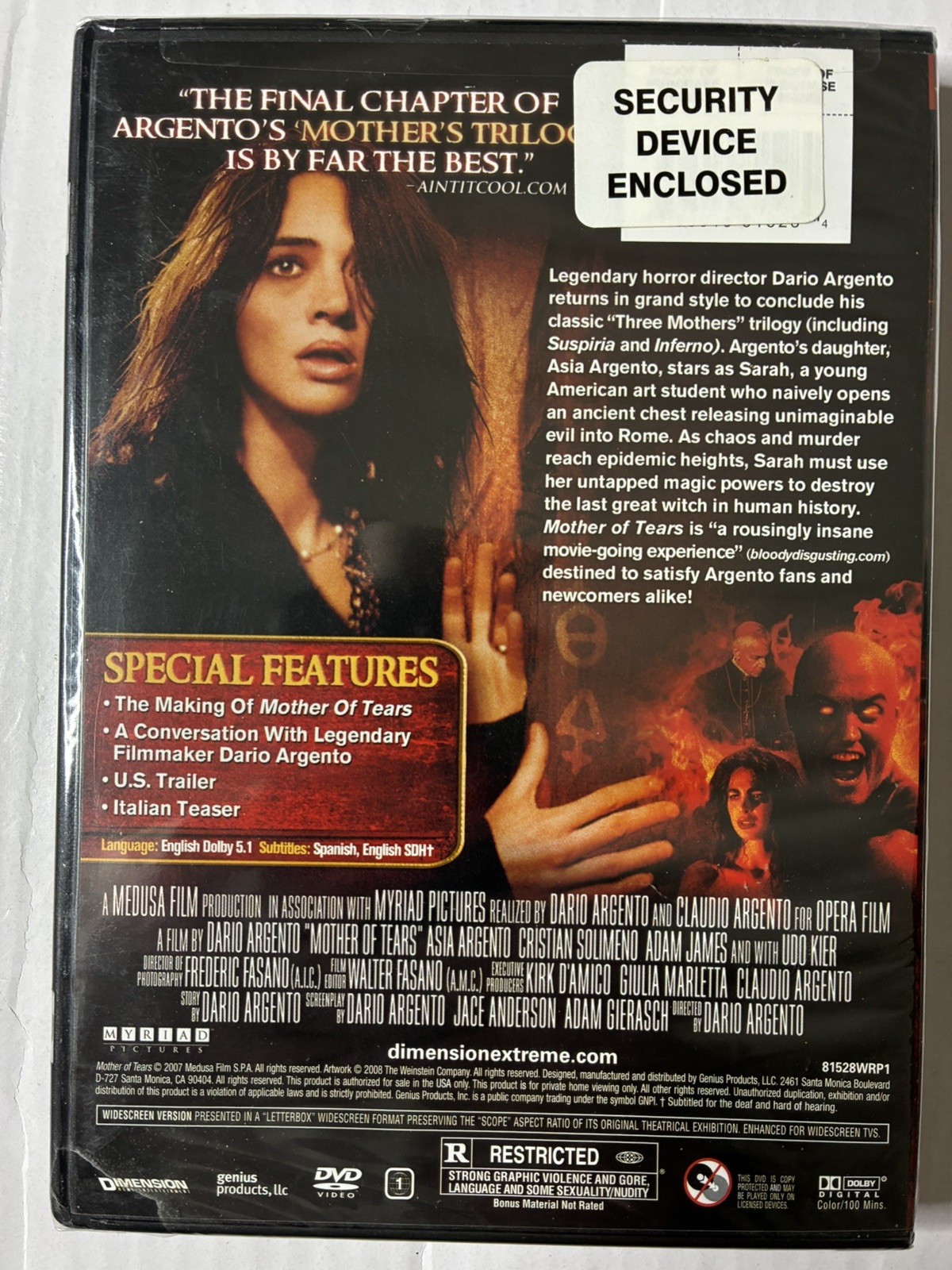 Mother of Tears (2007 DVD) Dario Argento R rated version NEW