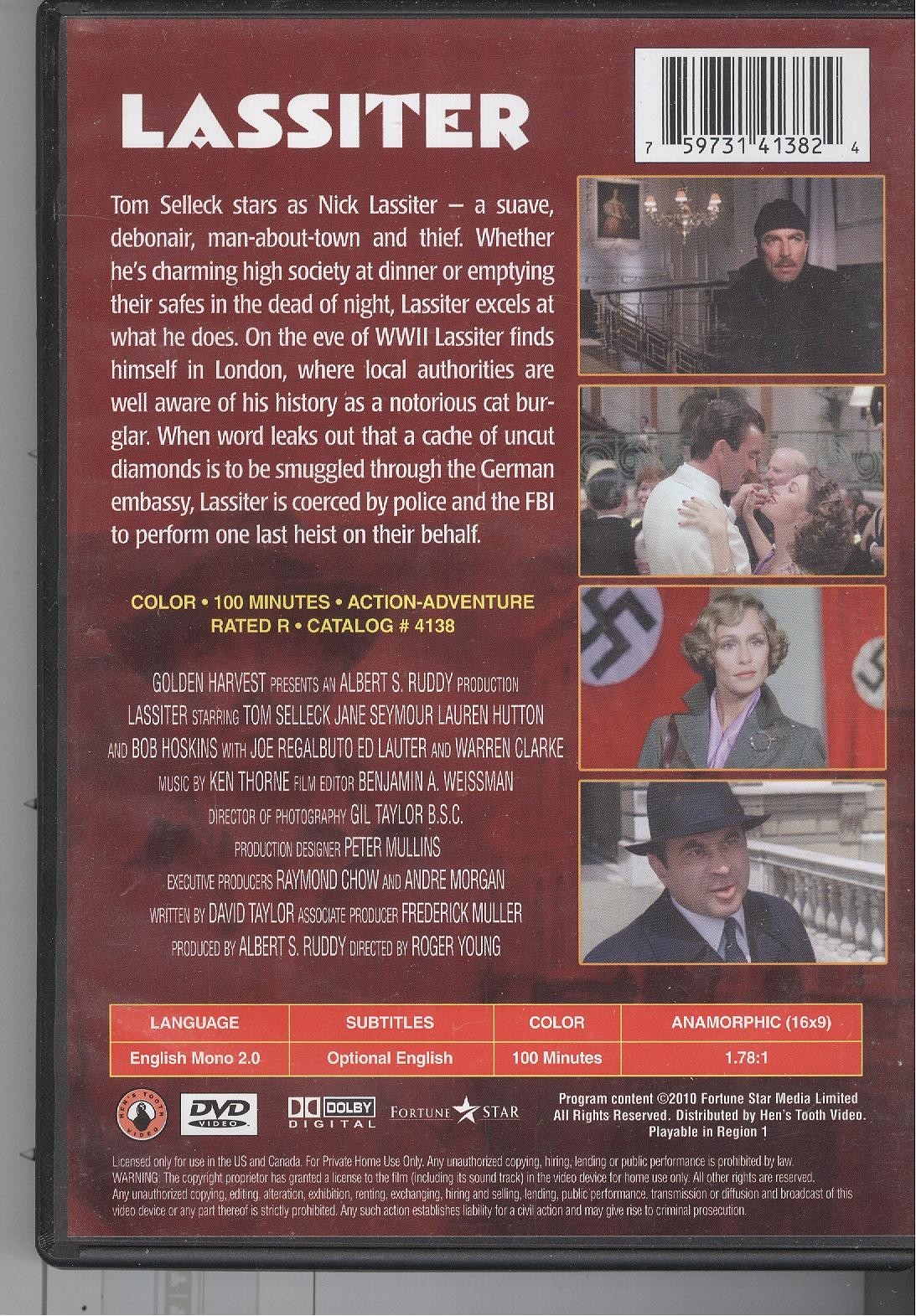 Lassiter (1984) R1 DVD Tom Selleck Jane Seymour Lauren Hutton Bob Hoskins Crime