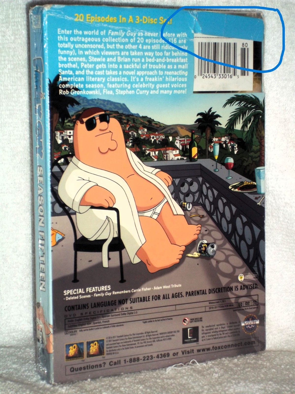 Family Guy Season Fifteen 15 (DVD 2017) animated comedy Seth McFarlane SLIPCOVER